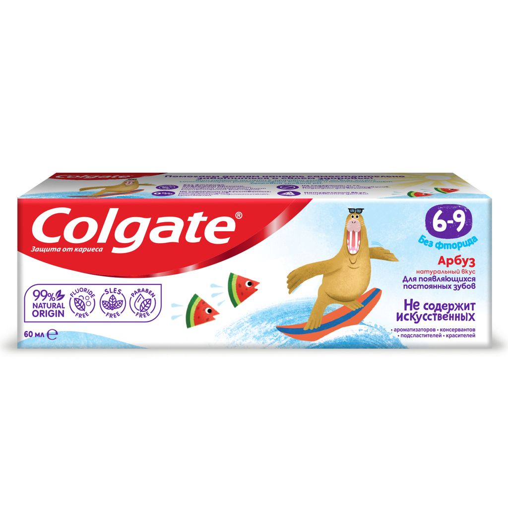 Colgate Паста зубная детская от 6 до 9 лет без фторида, арбуз, 60 мл, 1 шт.