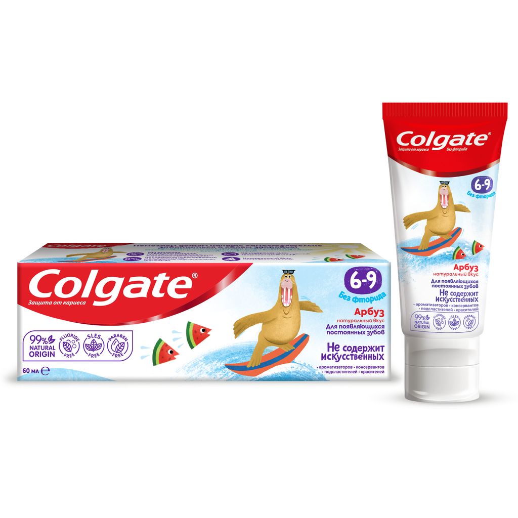 фото упаковки Colgate Паста зубная детская от 6 до 9 лет без фторида, арбуз, 60 мл, 1 шт. фото упаковки Colgate Паста зубная детская от 6 до 9 лет без фторида