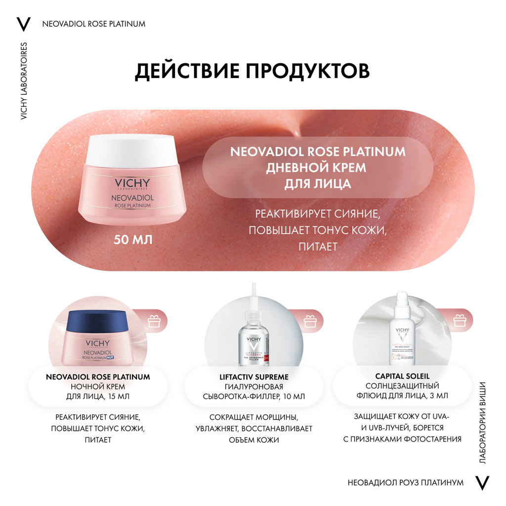 Vichy Neovadiol Rose Platinum Набор для сияния кожи лица, набор, крем дневной 50мл + сыворотка 10мл + крем ночной 15мл + флюид 3мл, 1 шт.