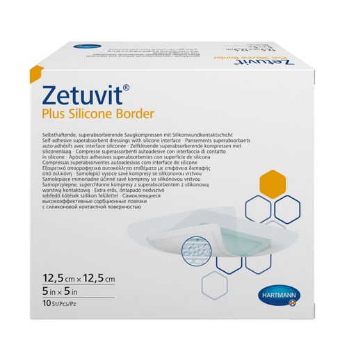 Zetuvit Plus Silicone Border Повязка суперабсорбирующая, 12,5 х 12,5 см, повязка стерильная, с контактным слоем из силикона, 10 шт.