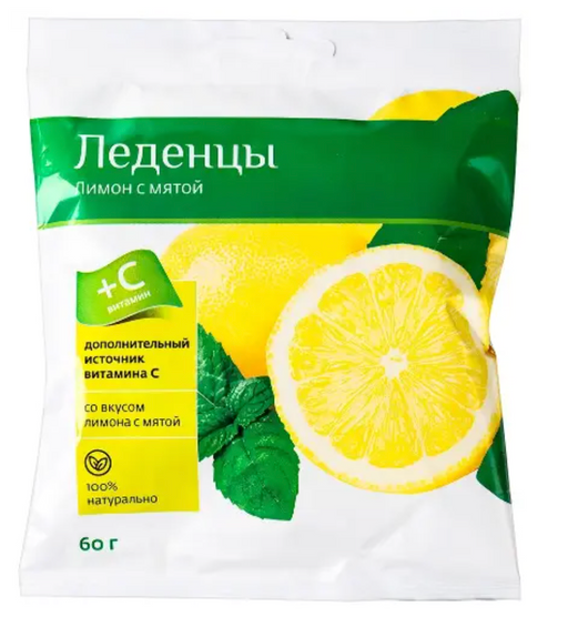 Карамель леденцовая с витамином С, карамель леденцовая, лимон мята, 60 г, 1 шт.